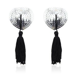 Pezoneras Autoadhesivas Forma de Corazón con Lentejuelas Negro/Plata
