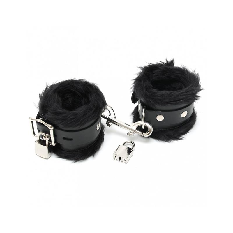 Esposas Cuero y Pelo Negro 7cm Candados - Imagen 3